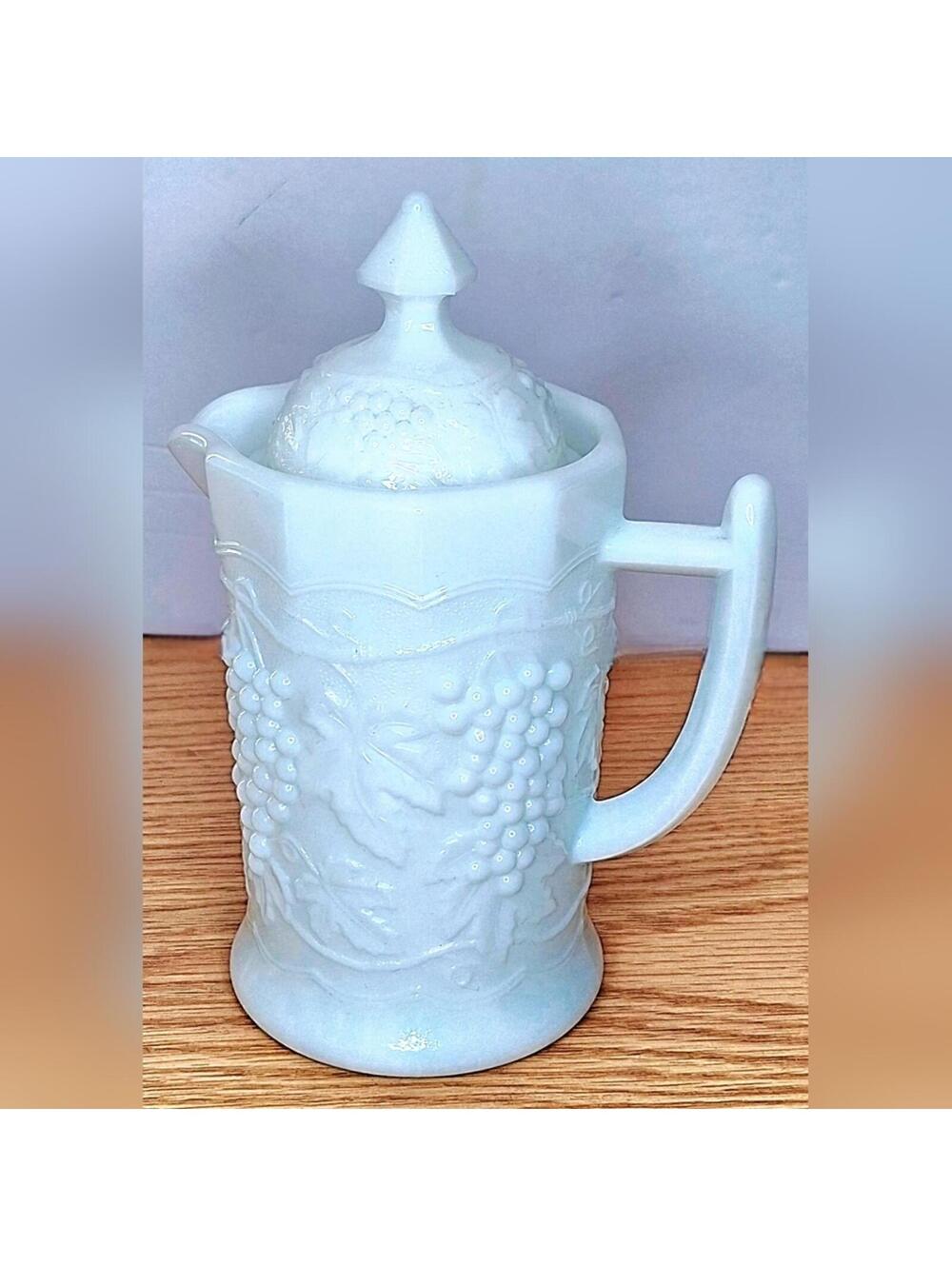 Imperial VTG White Embossed Grape Milk Glass Pitcher with Locking Lid